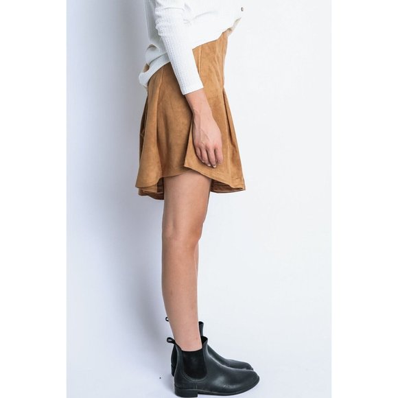 Women's Casual Pleated Suede Solid High Low Midi Skirt Tan Size S,M,L - Picture 7 of 14